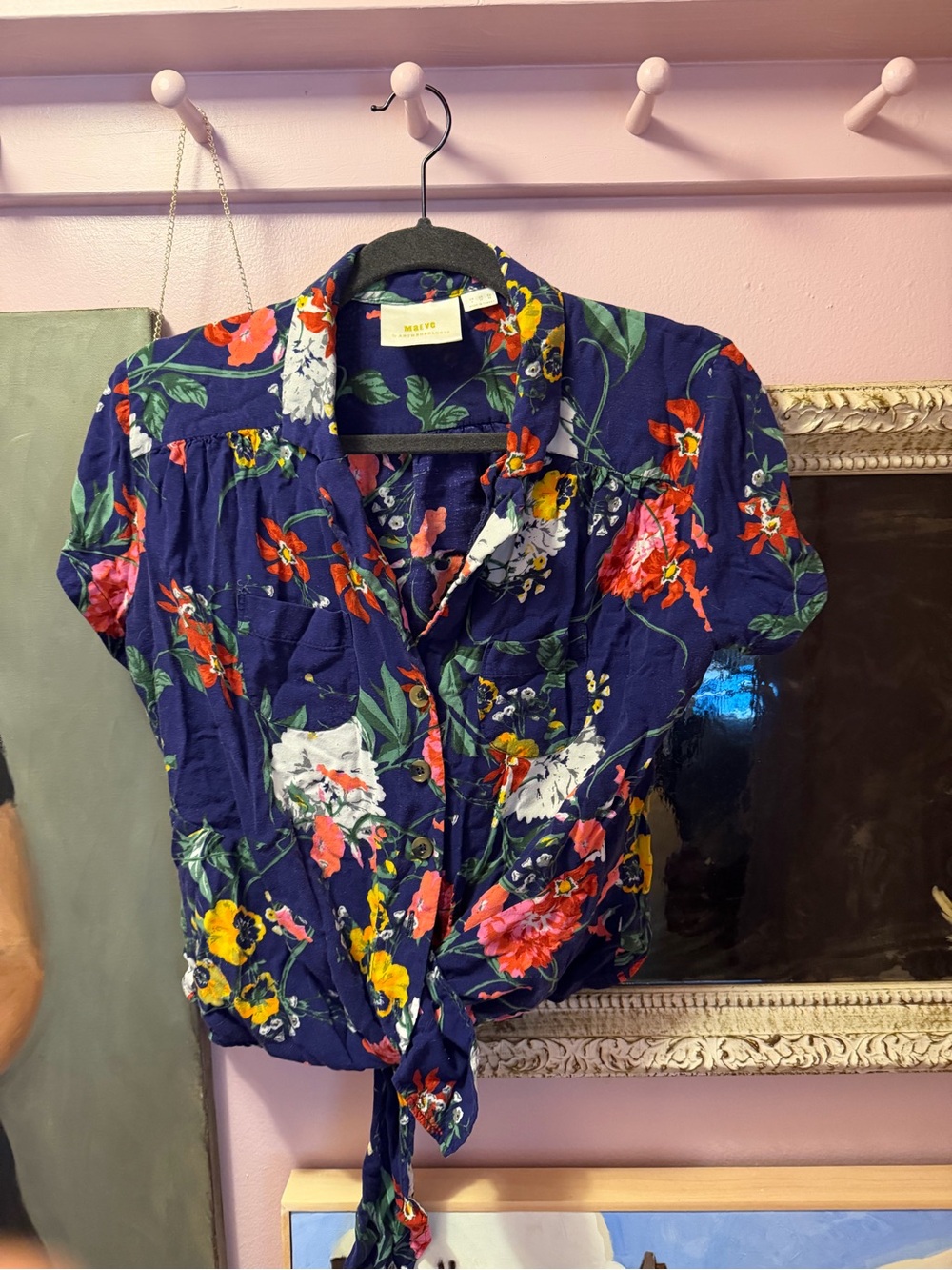 Mauve from anthropologie Tie-Front Button Shirt - Navy with Multicolor Bloom